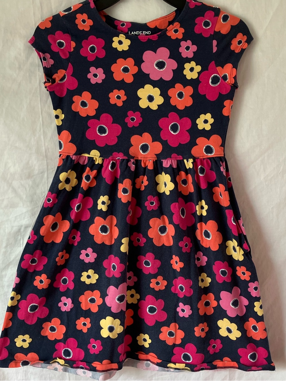 Lands' End Girls Floral Print Cotton Knit Dress with Pockets - Size L (6X-7)